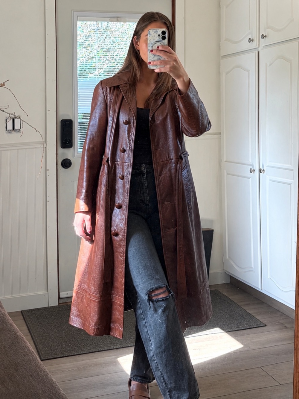 Vintage 90s Esprit Genuine Leather Brown Trench Coat